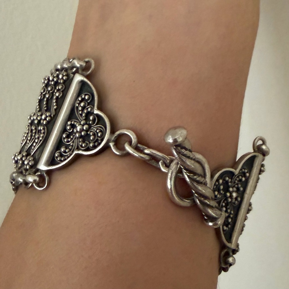Lois Hill Sterling  Silver Filigree Link Toggle Bracelet 7 inch